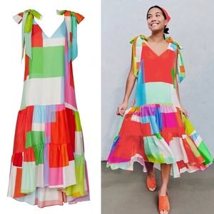 TANYA TAYLOR Donatella Dress Multicolored Maxi Tiered Silk V Neck Size Medium